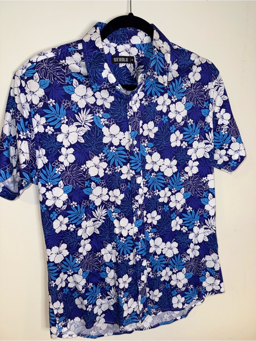 STEELE Men’s M Blue Tropical Hibiscus Floral Short Sleeve Shirt